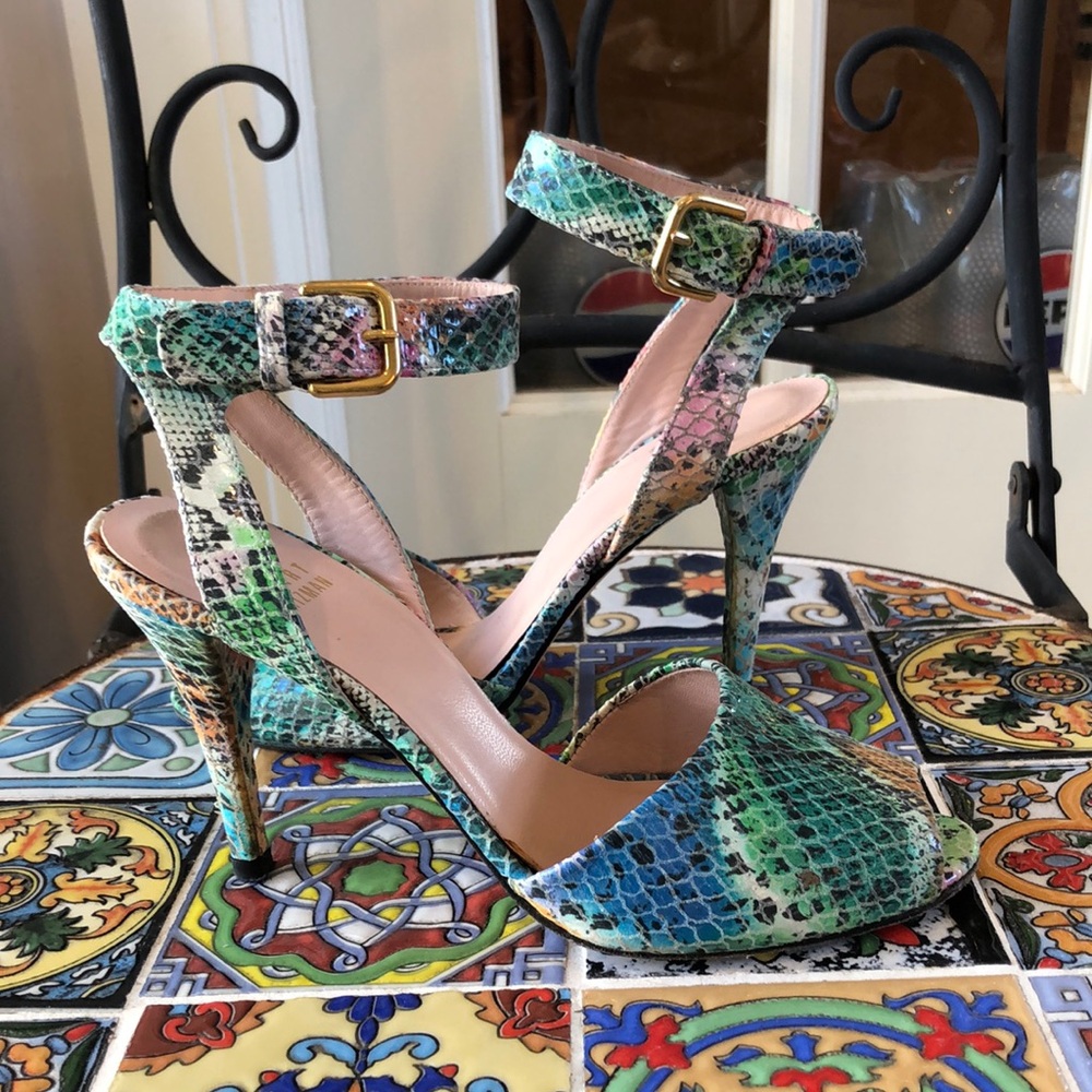 Stuart Weizmann green/pink peep-toe sandal heels w/ ankle straps